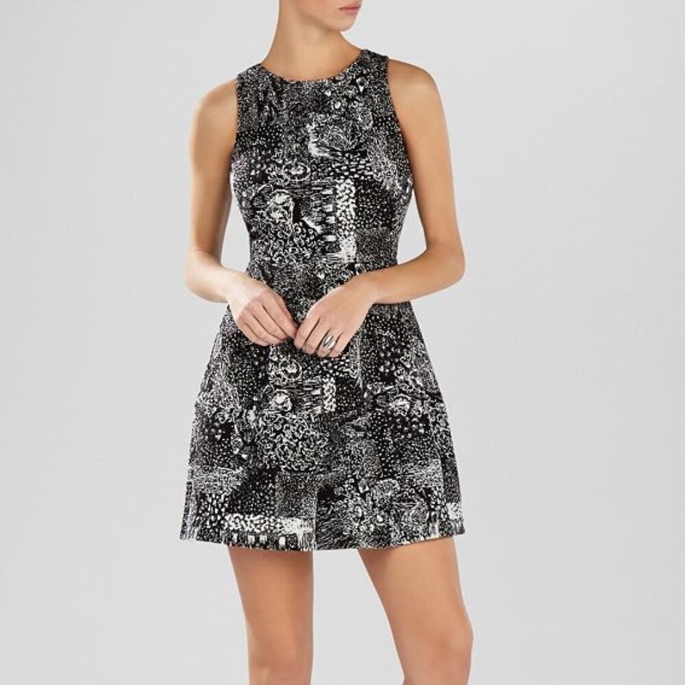 BCBG MaxAzria Cassandra Fit Flare Dress Black and White Pattern Knit